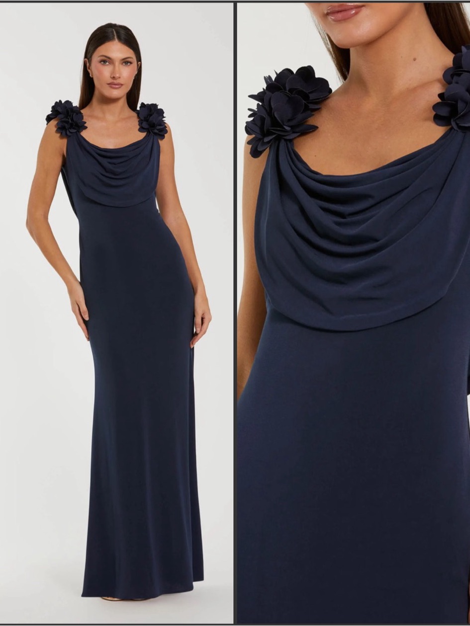 Nwt Mac Duggal Navy Cowl Neck Jersey Gown With 3d Flower Straps Size Xs 4 6